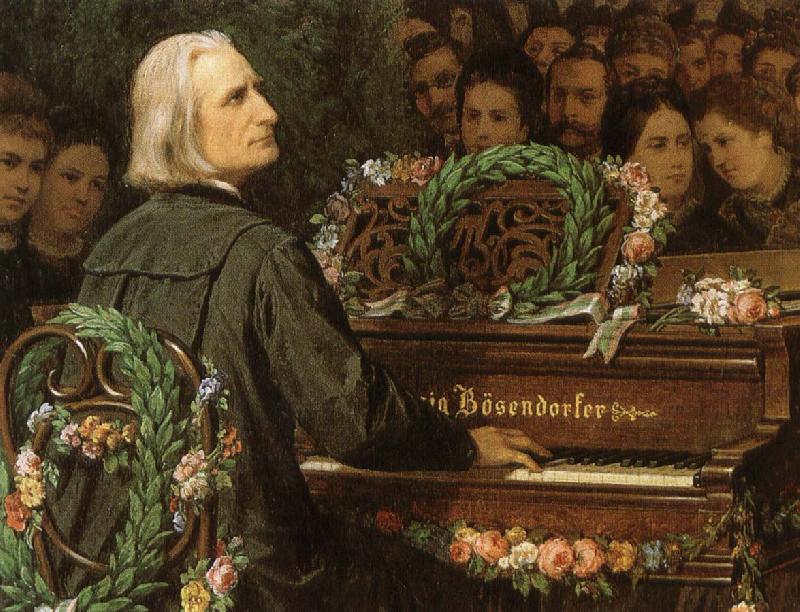 george bernard shaw franz liszt playing a piano built by ludwig bose. oil painting picture